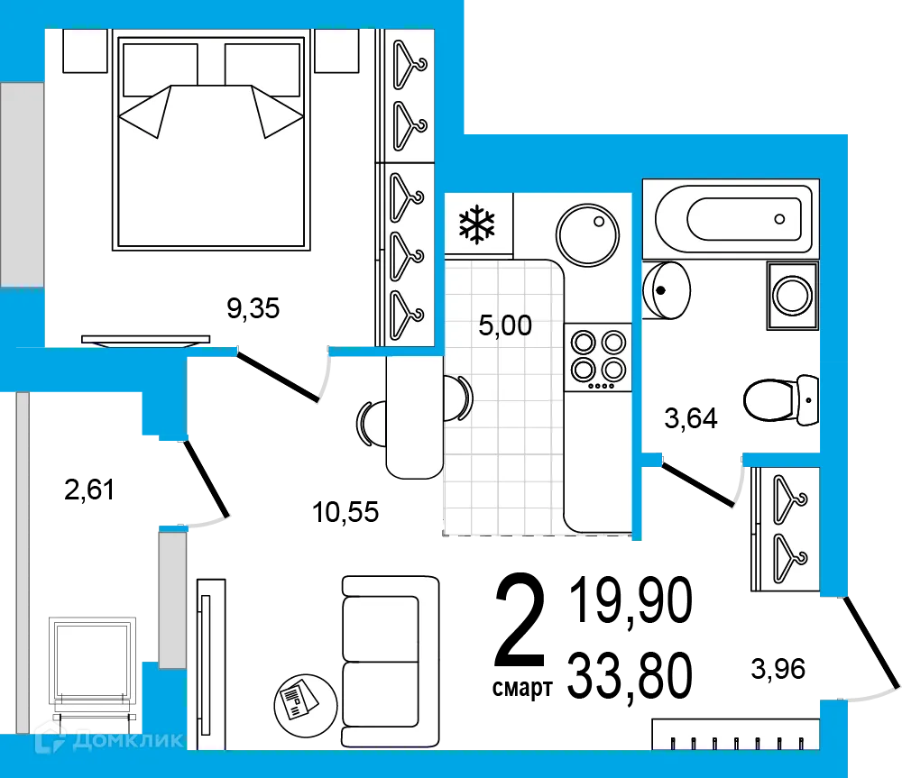 Планировка 2-комнатной квартиры 33.8 м² в ЖК Экогород "Яркий", г. Уфа — фото 1