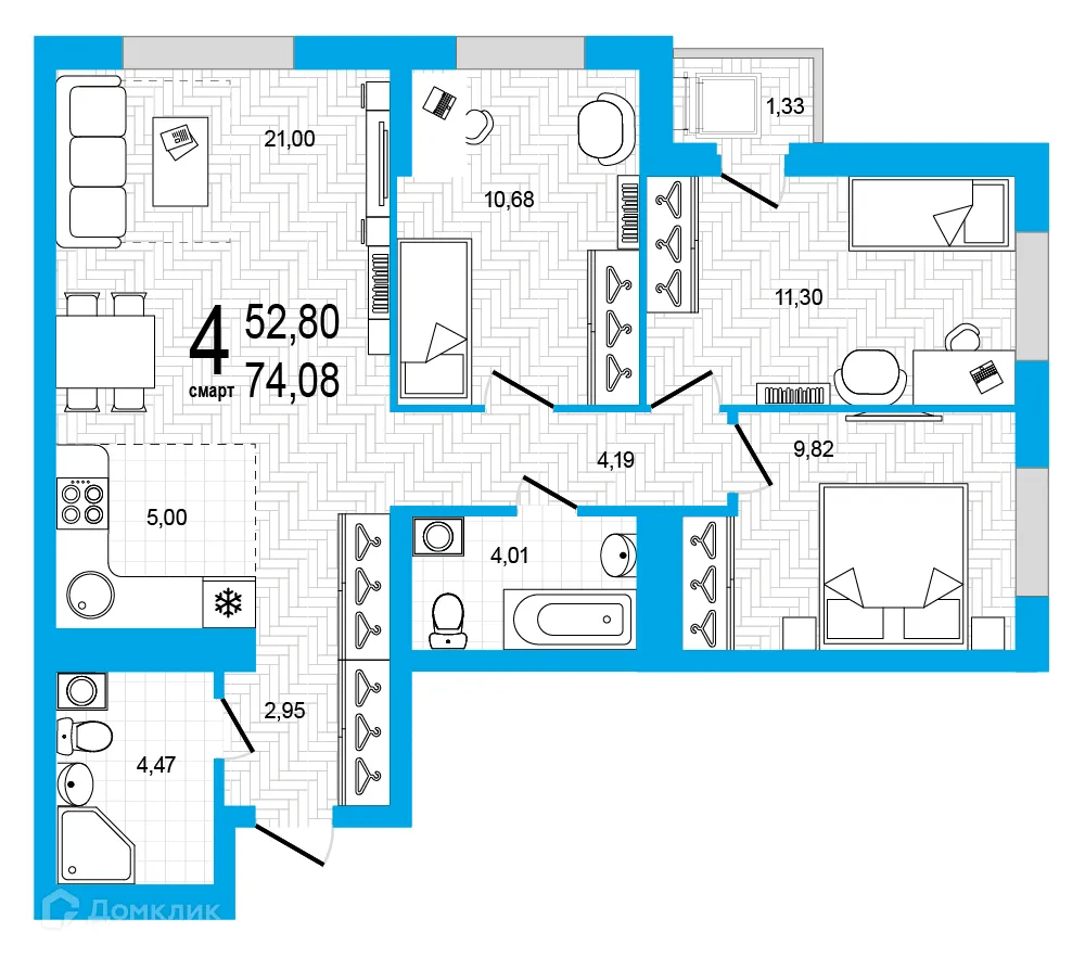 Планировка 4-комнатной квартиры 74.08 м² в ЖК Экогород "Яркий", г. Уфа — фото 1