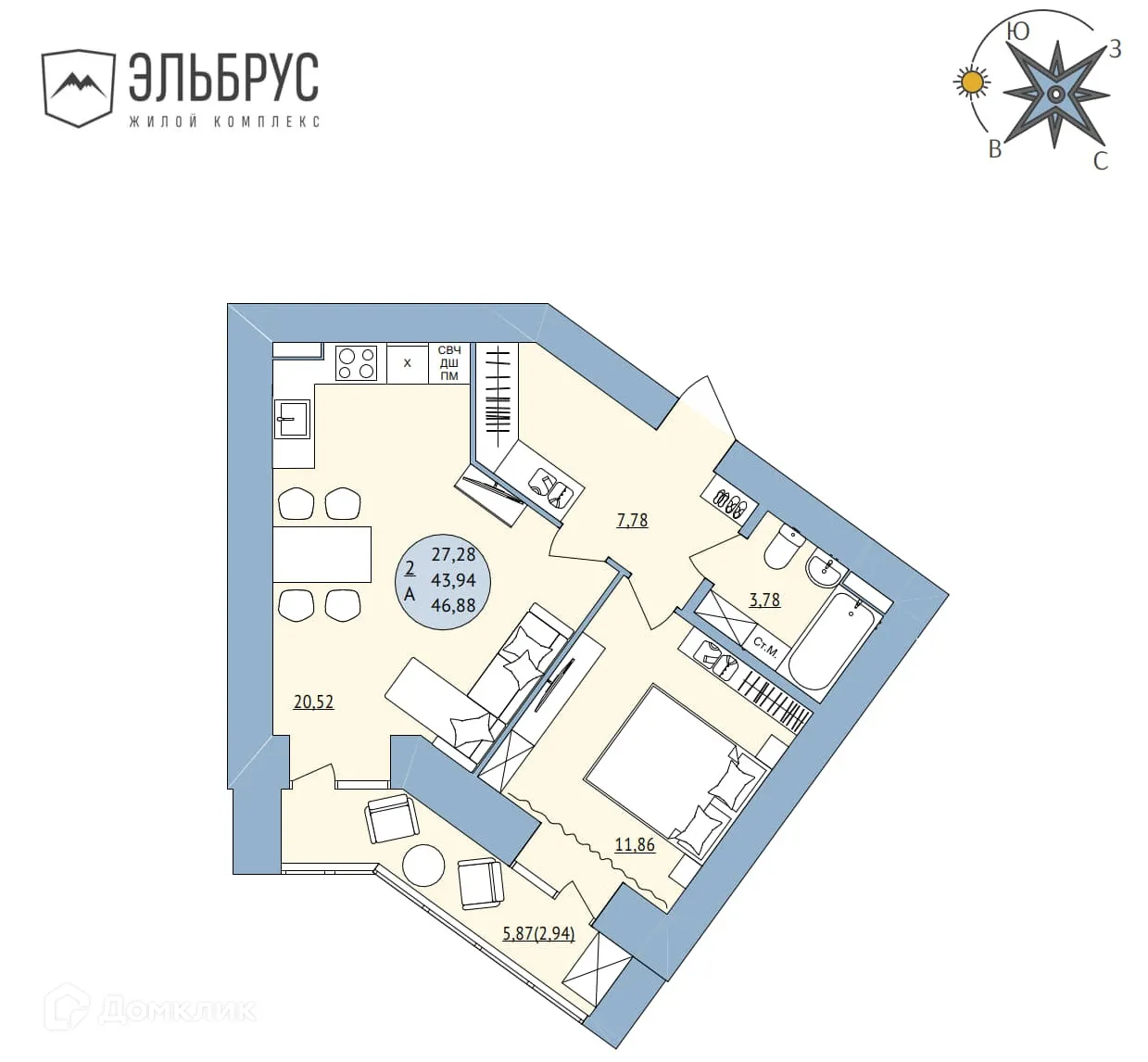 Планировка 2-комнатной квартиры 46.88 м² в ЖК Эльбрус, г. Уфа — фото 1