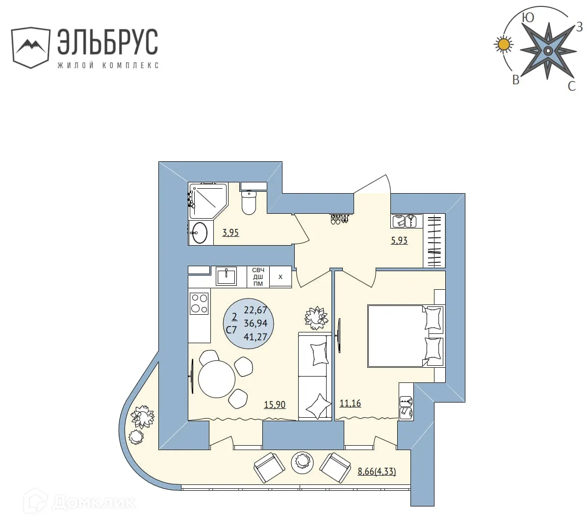 Планировка 2-комнатной квартиры 41.27 м² в ЖК Эльбрус, г. Уфа — фото 1