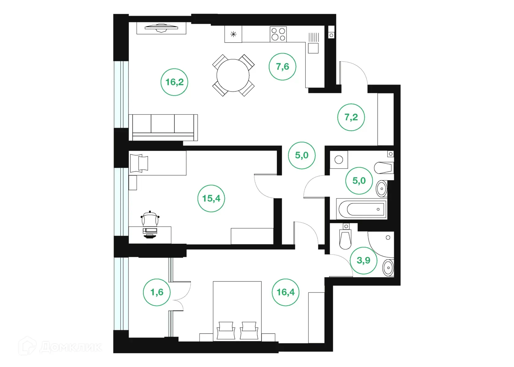 Планировка 3-комнатной квартиры 78.3 м² в ЖК "Greenwich" (Гринвич), г. Уфа — фото 1