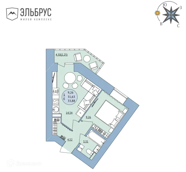 Планировка 1 комн. в ЖК Эльбрус
