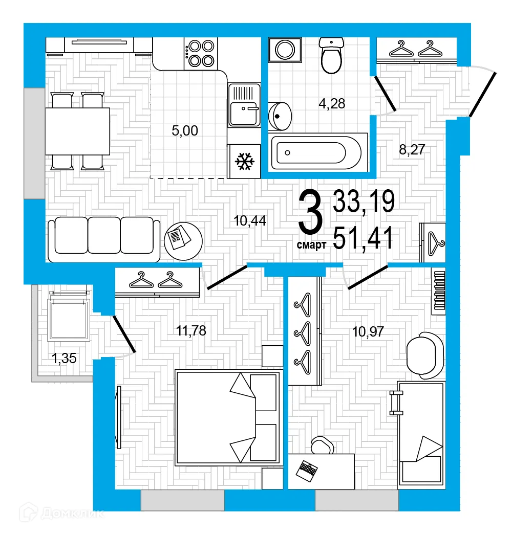 Планировка 3-комнатной квартиры 51.41 м² в ЖК Экогород "Яркий", г. Уфа — фото 1