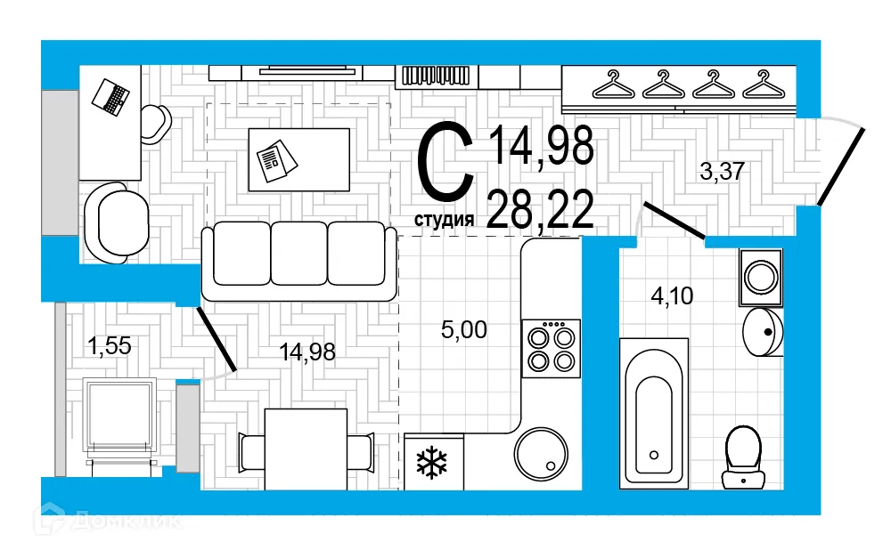 Планировка 1-комнатной квартиры 28.22 м² в ЖК Экогород "Яркий", г. Уфа — фото 1