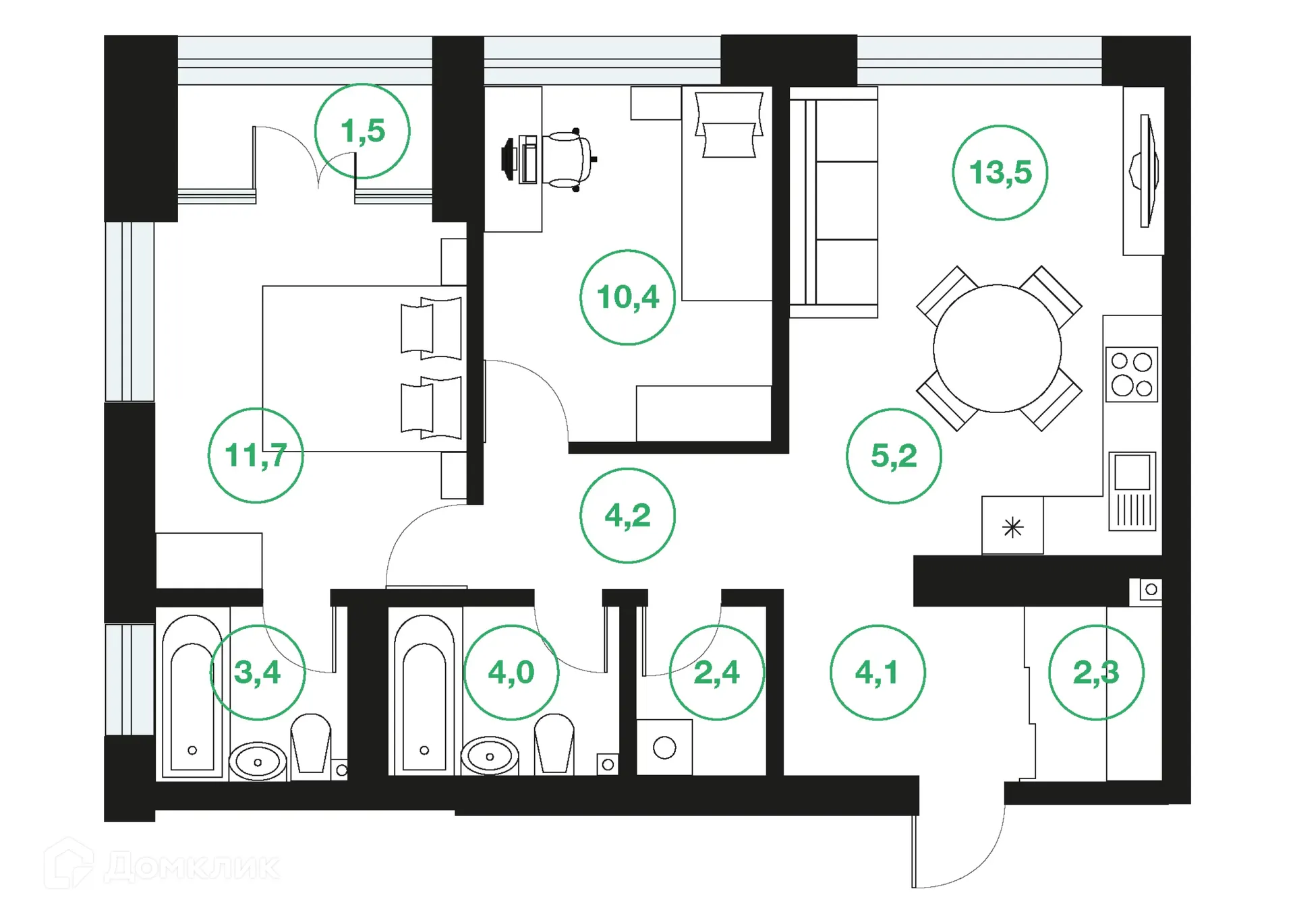 Планировка 3-комнатной квартиры 62.7 м² в ЖК "Greenwich" (Гринвич), г. Уфа — фото 1