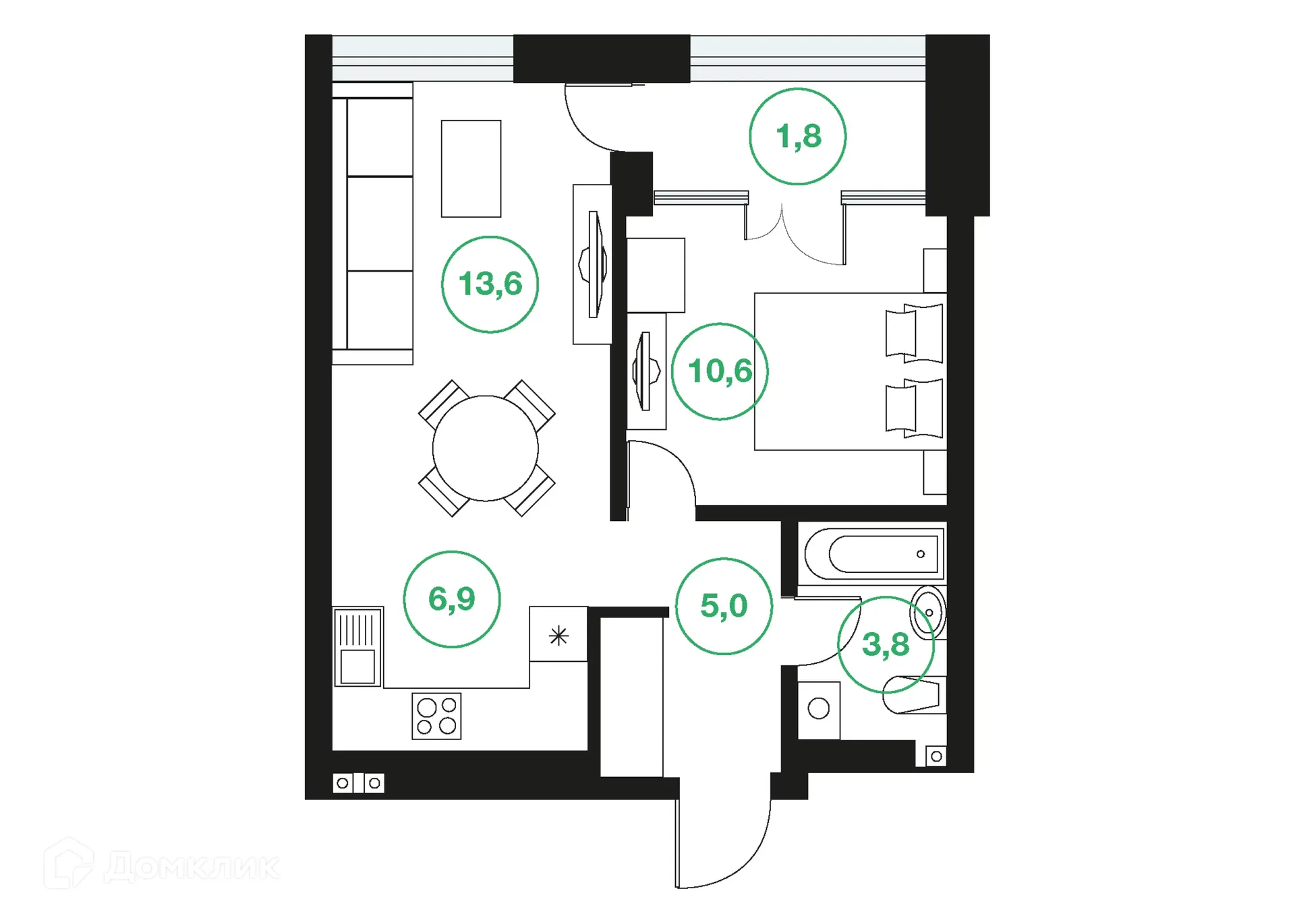 Планировка 2-комнатной квартиры 41.7 м² в ЖК "Greenwich" (Гринвич), г. Уфа — фото 1
