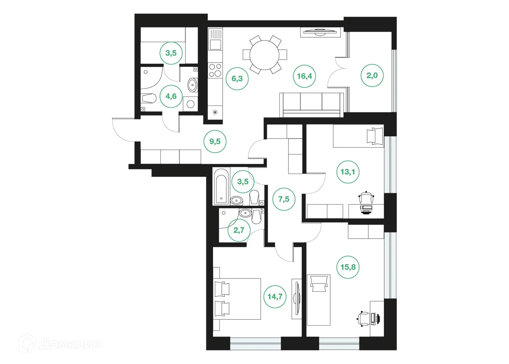 Планировка 4-комнатной квартиры 99.6 м² в ЖК "Greenwich" (Гринвич), г. Уфа — фото 1