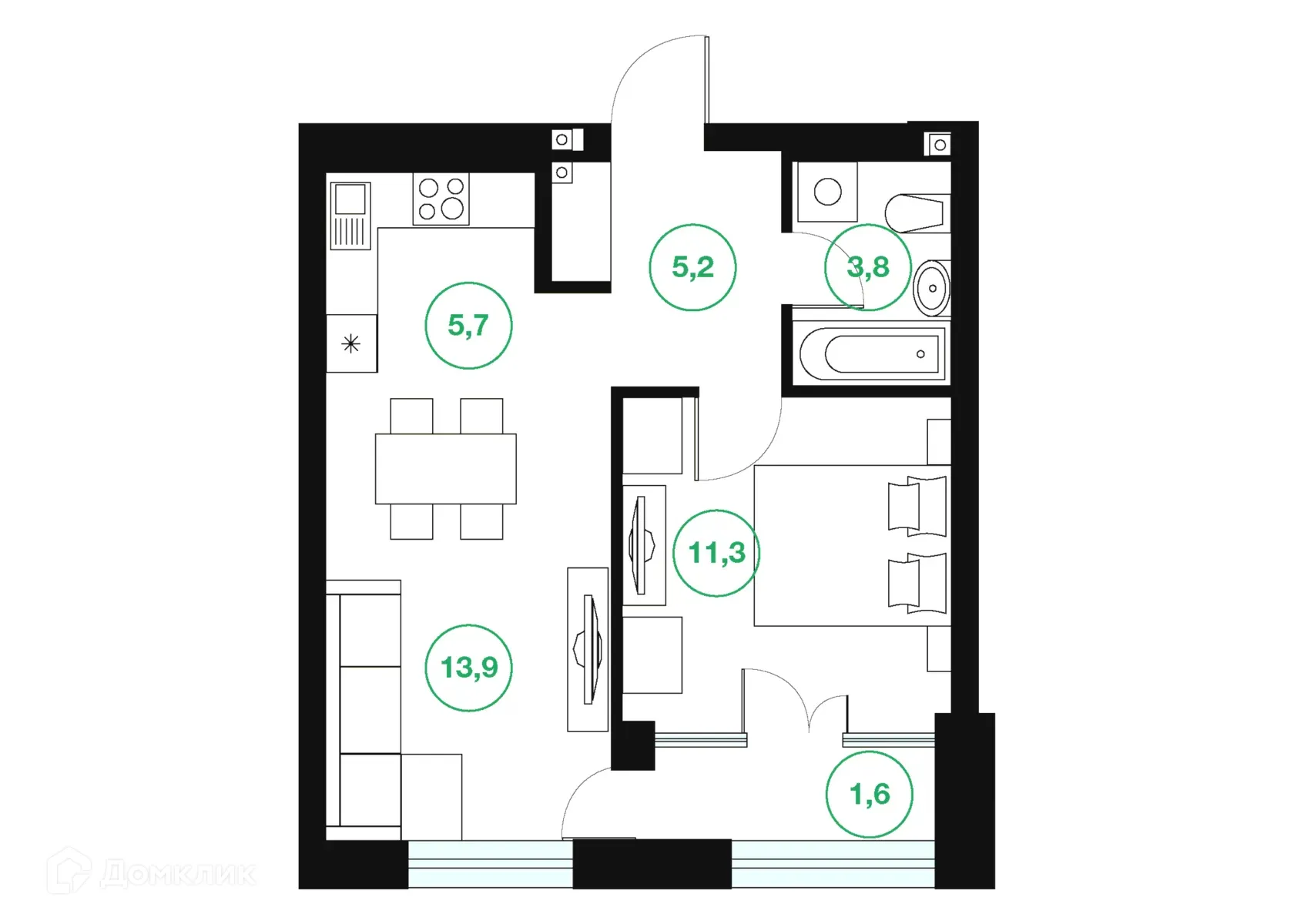 Планировка 2-комнатной квартиры 41.5 м² в ЖК "Greenwich" (Гринвич), г. Уфа — фото 1