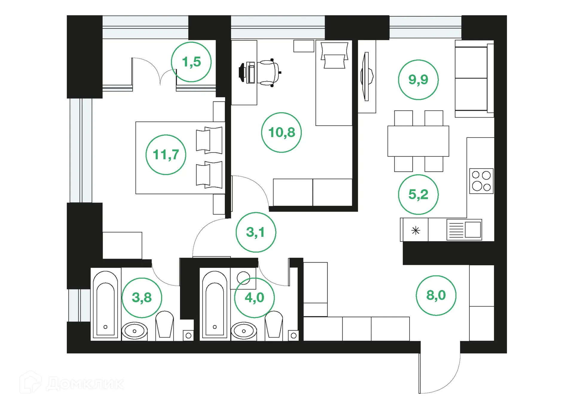 Планировка 3-комнатной квартиры 58 м² в ЖК "Greenwich" (Гринвич), г. Уфа — фото 1