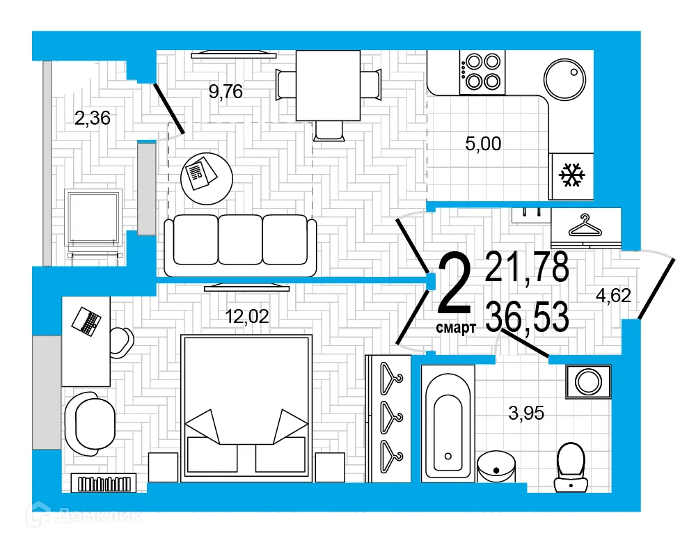 Планировка 2-комнатной квартиры 36.53 м² в ЖК Экогород "Яркий", г. Уфа — фото 1
