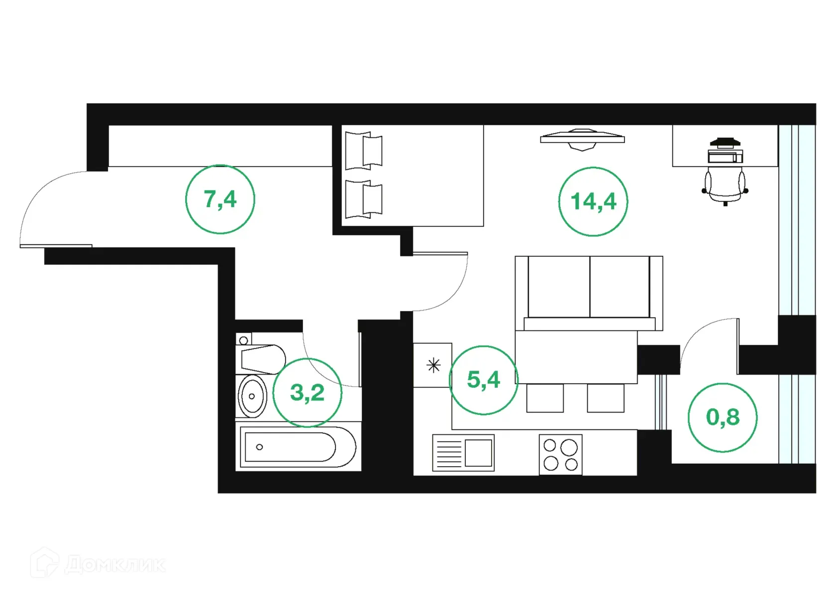 Планировка 1-комнатной квартиры 31.2 м² в ЖК "Greenwich" (Гринвич), г. Уфа — фото 1