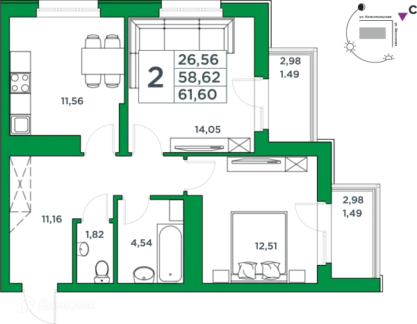 Планировка 2 комн. в ЖК Сапфир
