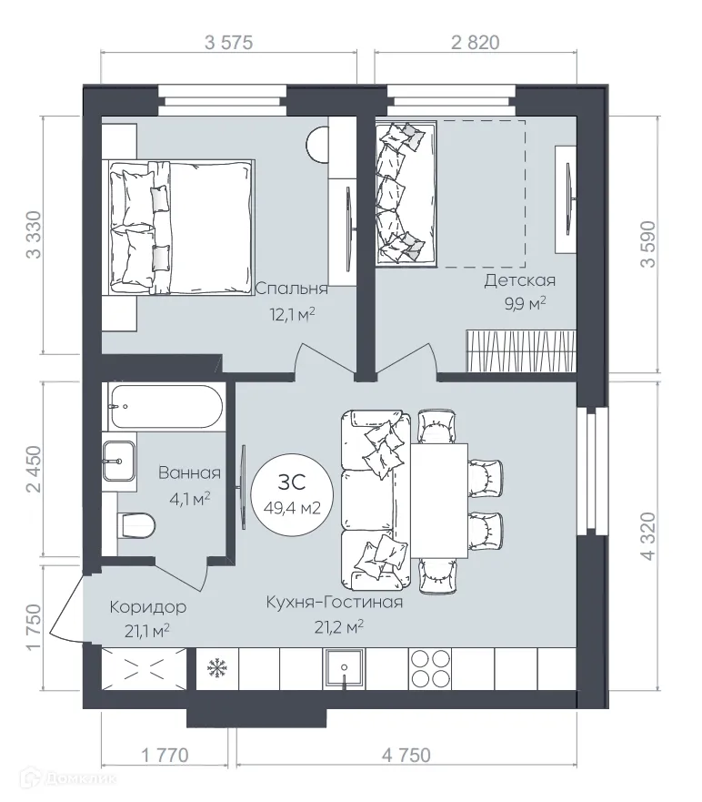 Планировка 3-комнатной квартиры 49.4 м² в ЖК "Le CRISTAL" (Ле Кристал), г. Уфа — фото 1