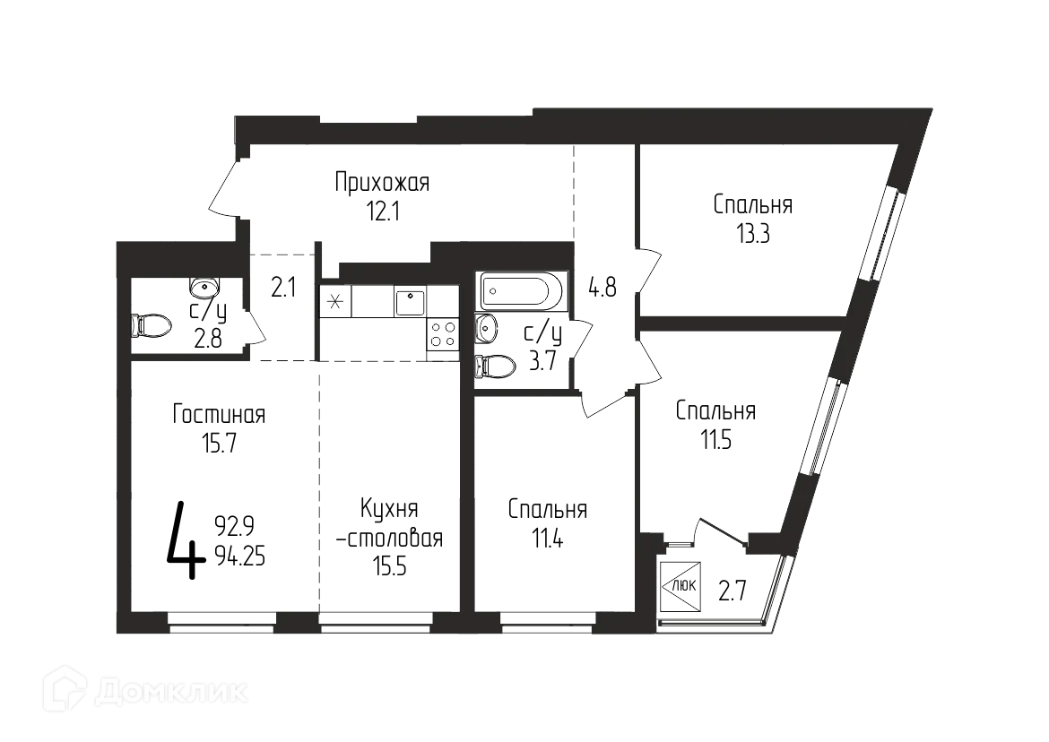 Планировка 4-комнатной квартиры 94.25 м² в ЖК Свобода, г. Уфа — фото 1