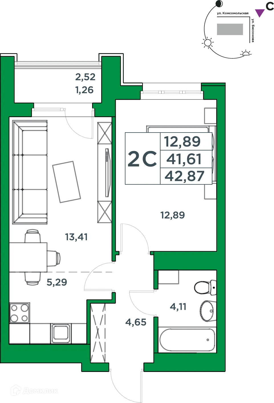 Планировка 1-комнатной квартиры 41.61 м² в ЖК Сапфир, г. Уфа — фото 1
