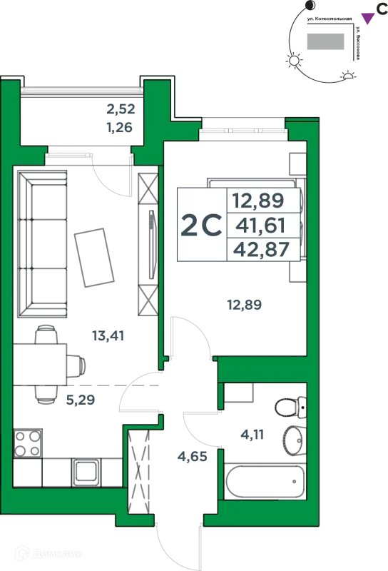 Планировка 1 комн. в ЖК Сапфир