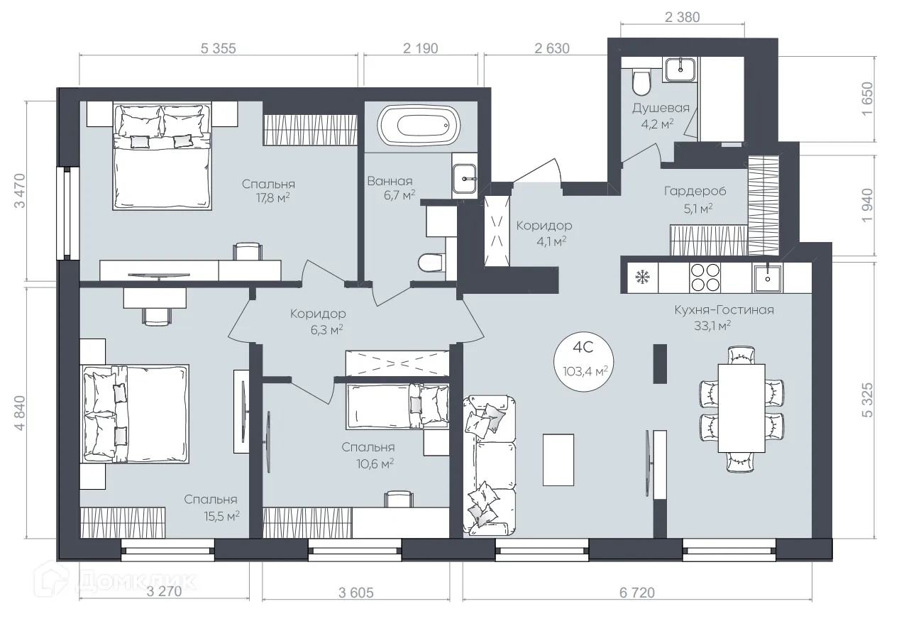 Планировка 4-комнатной квартиры 103.4 м² в ЖК "Le CRISTAL" (Ле Кристал), г. Уфа — фото 1