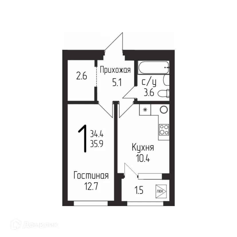 Планировка 1-комнатной квартиры 35.9 м² в ЖК Свобода, г. Уфа — фото 1