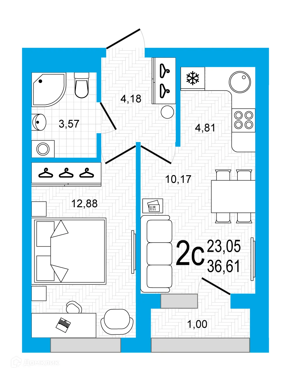 Планировка 2-комнатной квартиры 36.61 м² в ЖК Экогород "Яркий", г. Уфа — фото 1