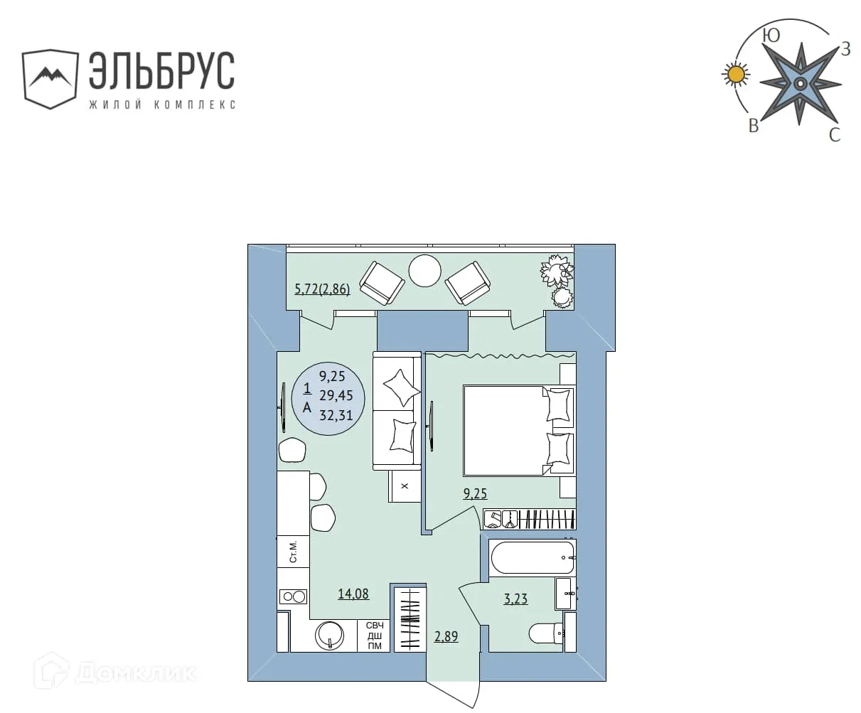 Планировка 1-комнатной квартиры 32.31 м² в ЖК Эльбрус, г. Уфа — фото 1