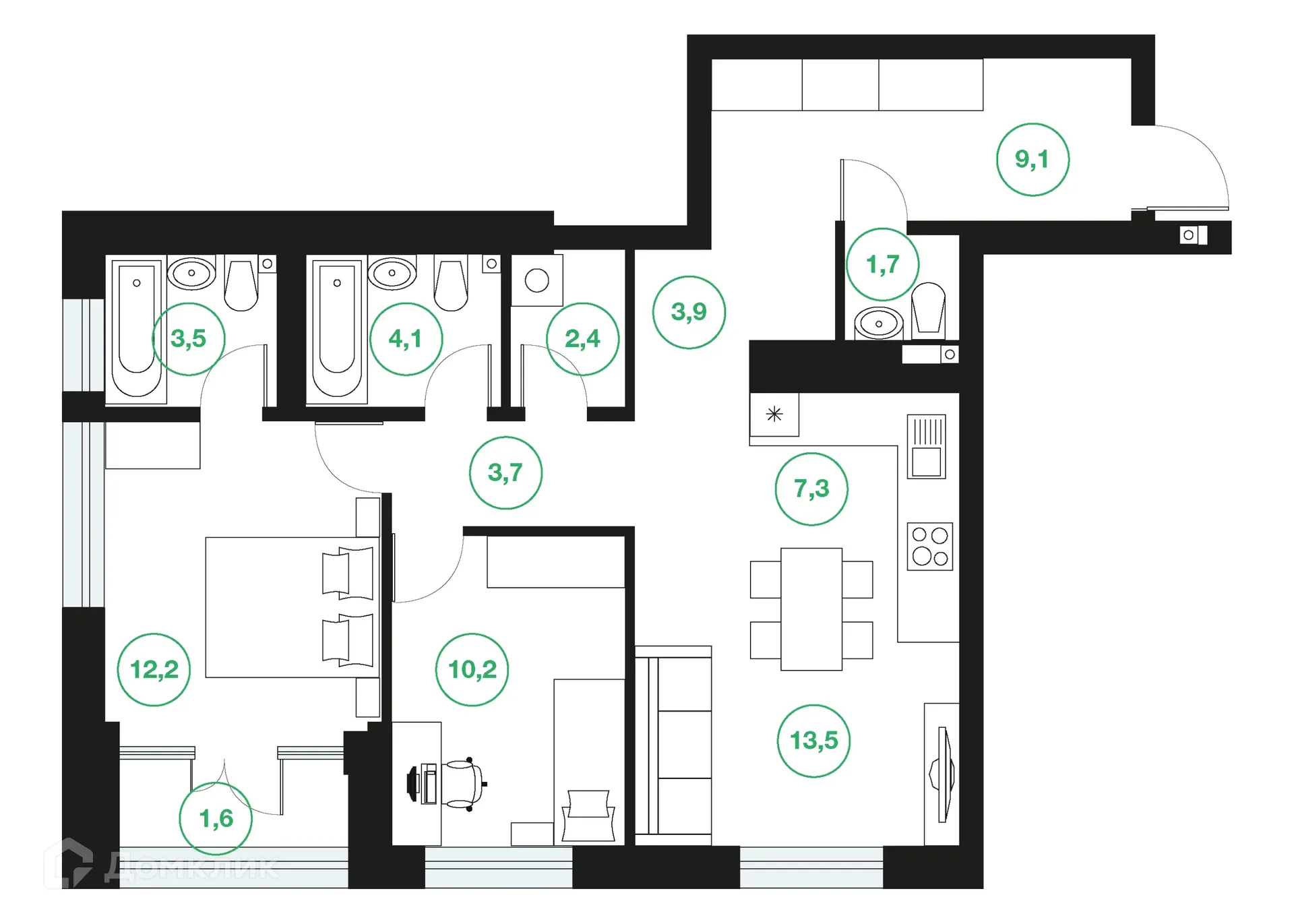 Планировка 3-комнатной квартиры 73.2 м² в ЖК "Greenwich" (Гринвич), г. Уфа — фото 1
