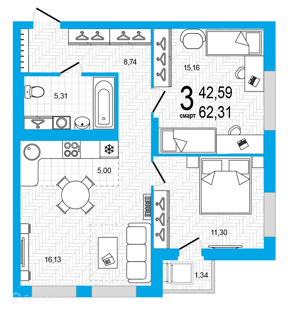 Планировка 3-комнатной квартиры 62.31 м² в ЖК Экогород "Яркий", г. Уфа — фото 1