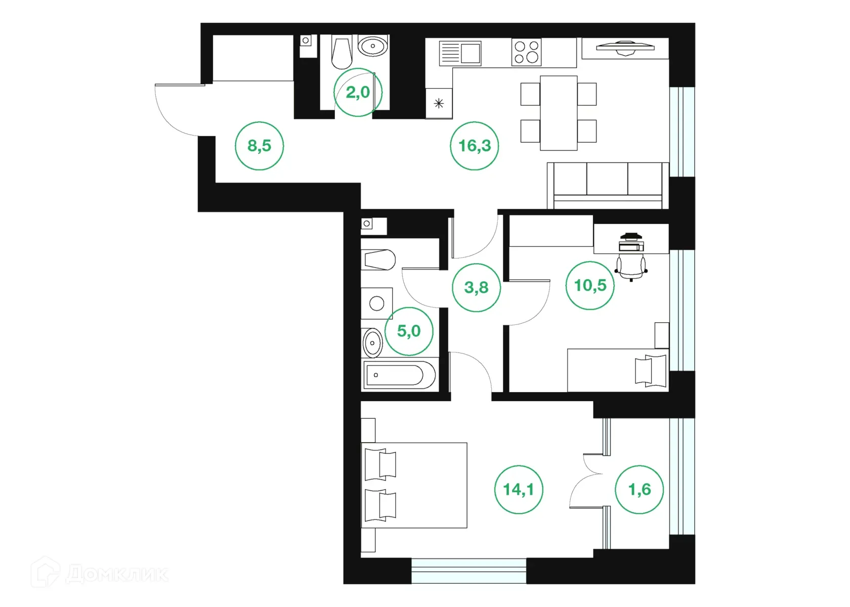 Планировка 2-комнатной квартиры 61.8 м² в ЖК "Greenwich" (Гринвич), г. Уфа — фото 1