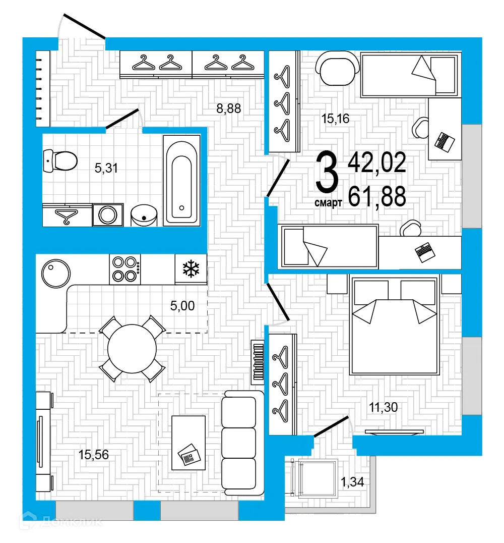 Планировка 3-комнатной квартиры 61.88 м² в ЖК Экогород "Яркий", г. Уфа — фото 1