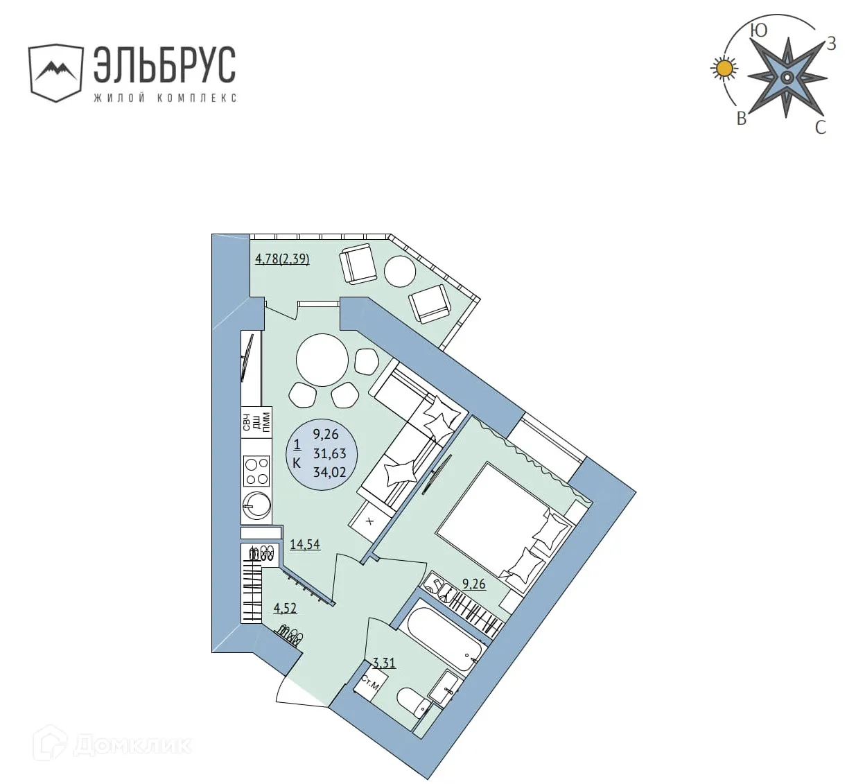 Планировка 1-комнатной квартиры 34.02 м² в ЖК Эльбрус, г. Уфа — фото 1