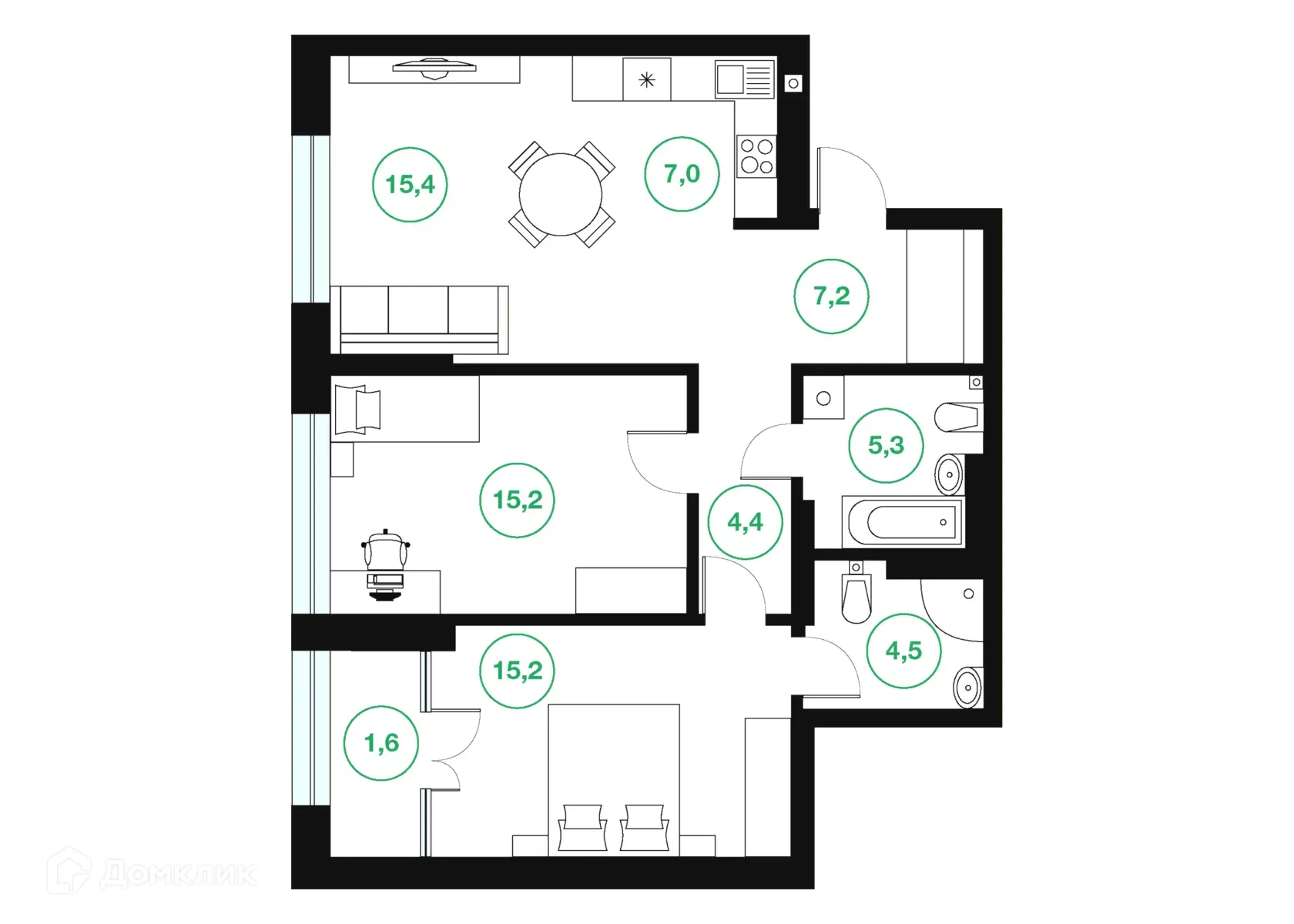 Планировка 3-комнатной квартиры 75.8 м² в ЖК "Greenwich" (Гринвич), г. Уфа — фото 1