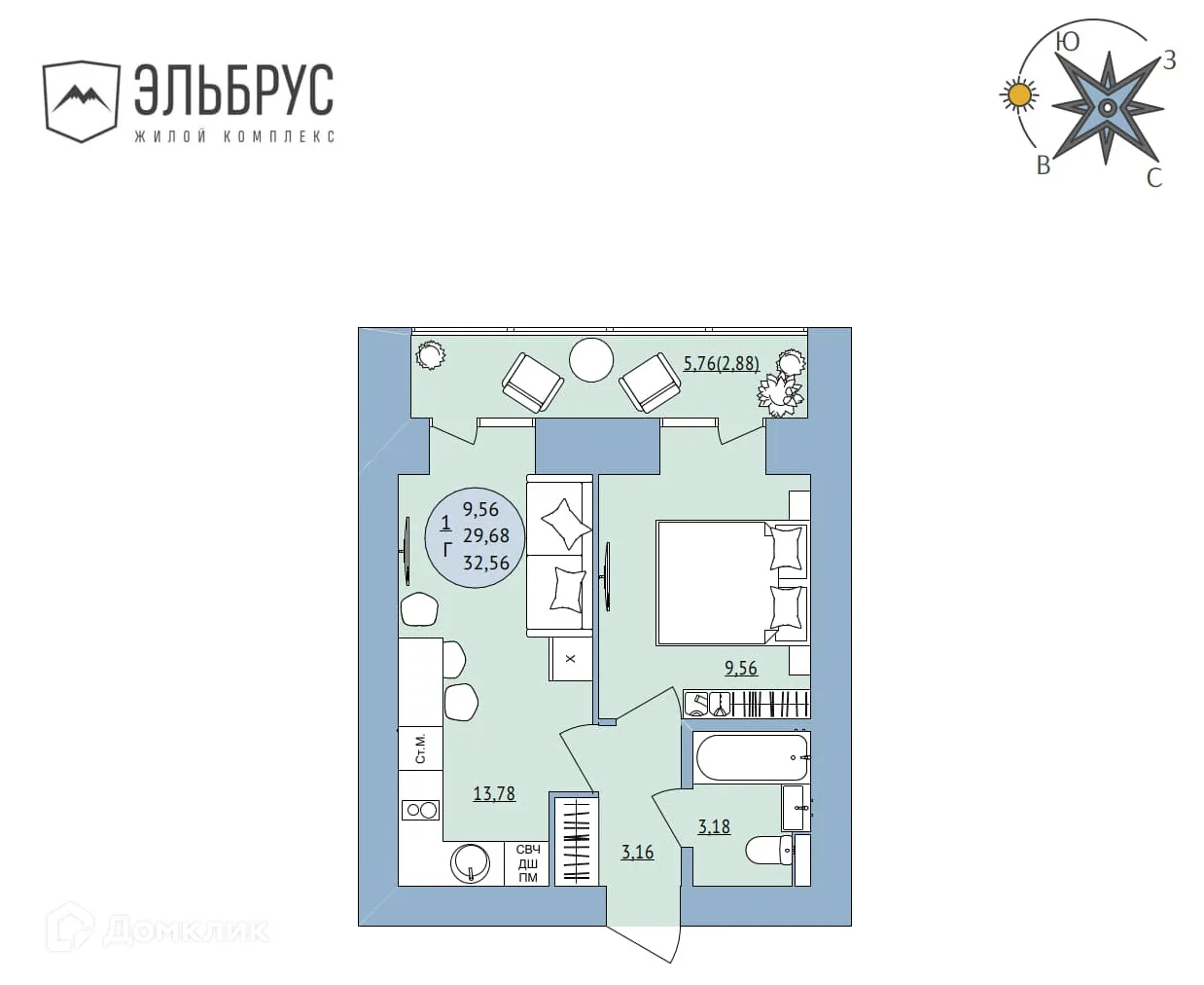 Планировка 1-комнатной квартиры 32.56 м² в ЖК Эльбрус, г. Уфа — фото 1