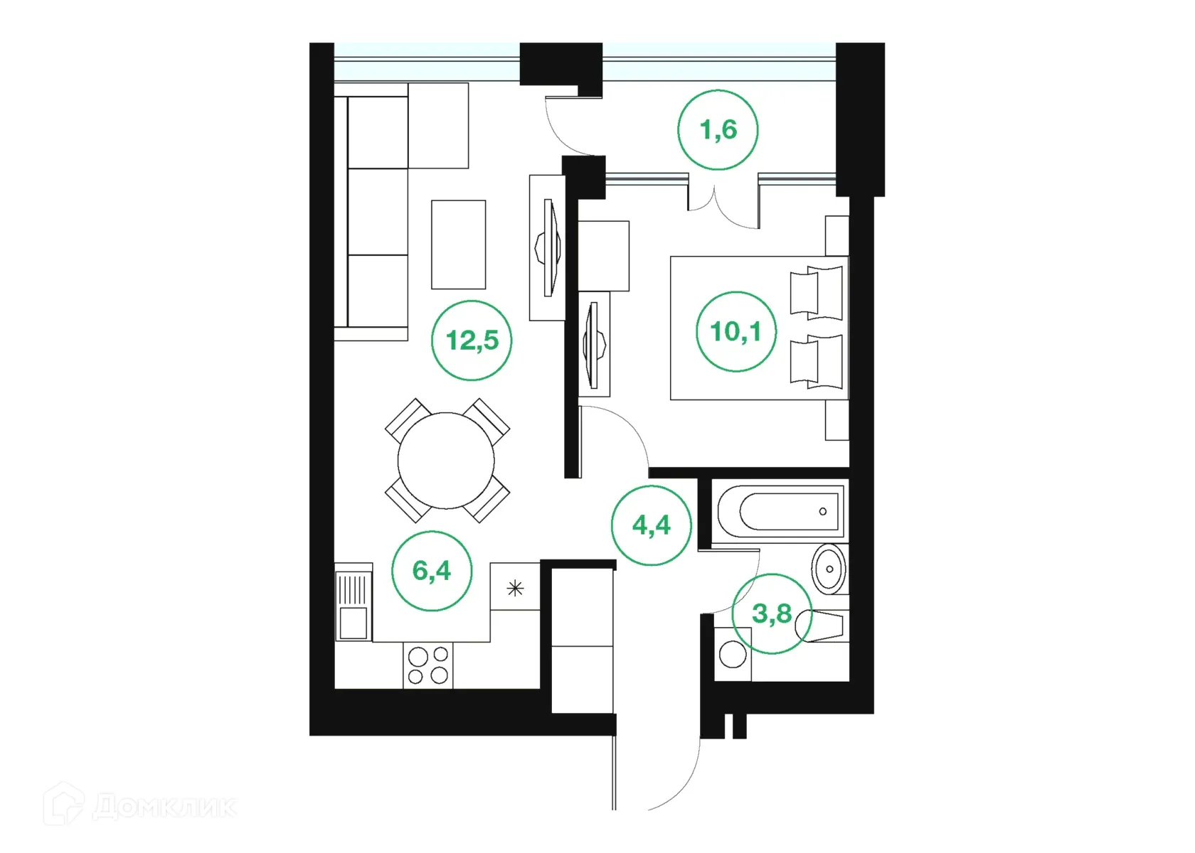 Планировка 2-комнатной квартиры 38.8 м² в ЖК "Greenwich" (Гринвич), г. Уфа — фото 1