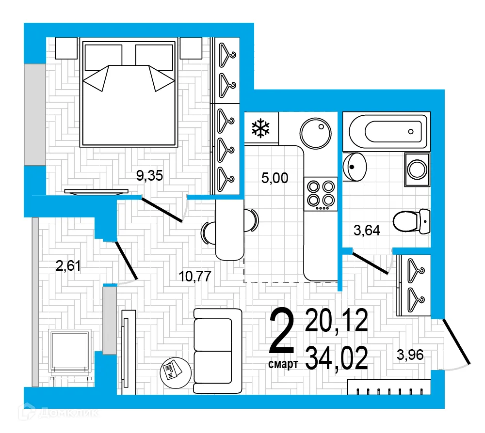 Планировка 2-комнатной квартиры 34.02 м² в ЖК Экогород "Яркий", г. Уфа — фото 1