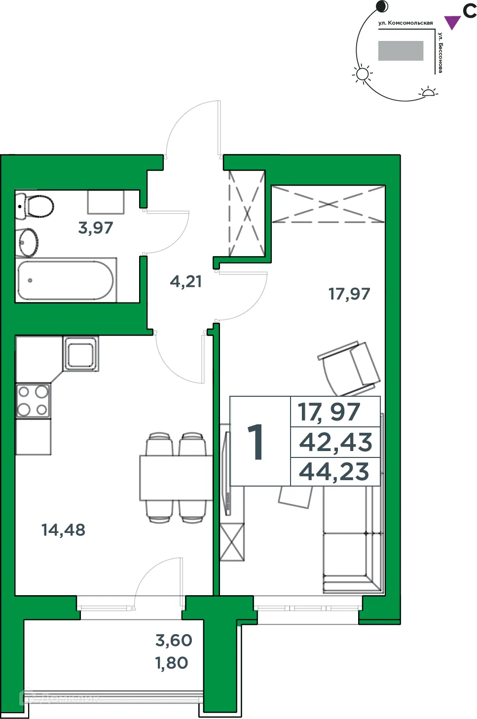 Планировка 1-комнатной квартиры 42.43 м² в ЖК Сапфир, г. Уфа — фото 1