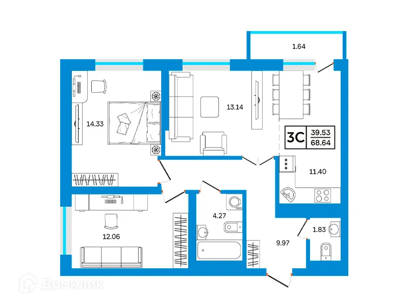 Планировка 3-комнатной квартиры 68.64 м² в ЖК Некрасовский, г. Уфа — фото 1