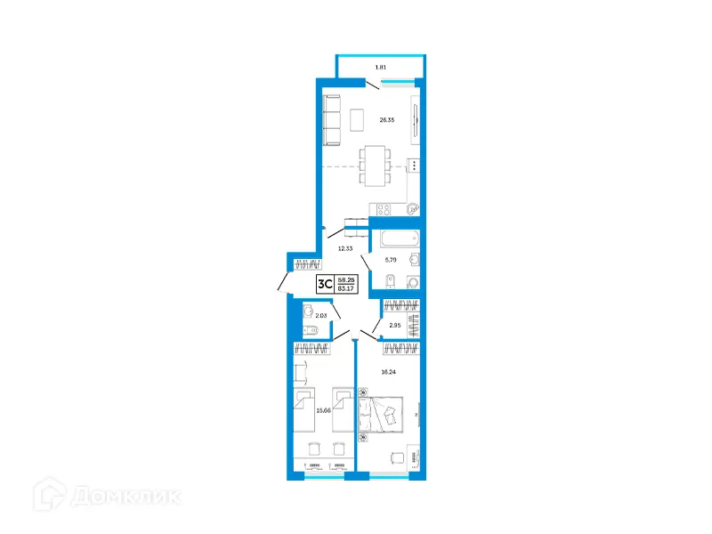Планировка 3-комнатной квартиры 83.17 м² в ЖК Некрасовский, г. Уфа — фото 1