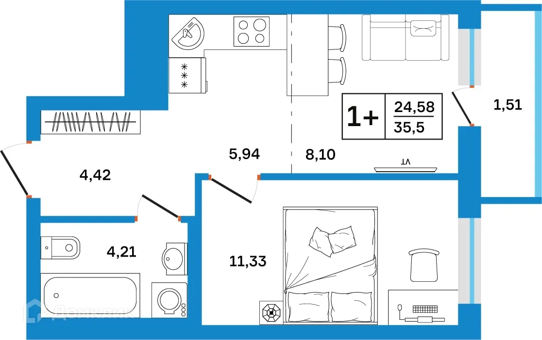 Планировка 1-комнатной квартиры 35.5 м² в ЖК Некрасовский, г. Уфа — фото 1