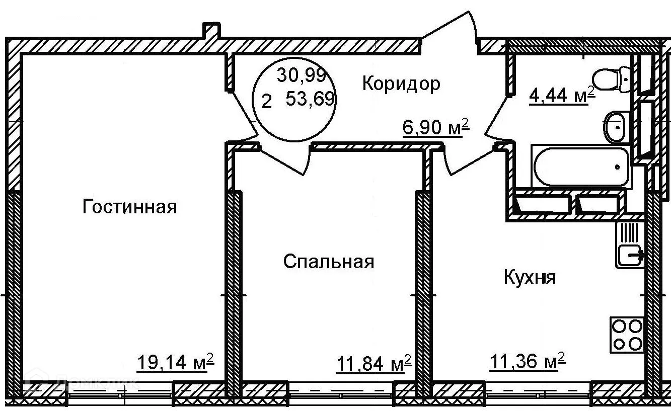 Планировка 2-комнатной квартиры 53.69 м² в ЖК Некрасовский, г. Уфа — фото 1