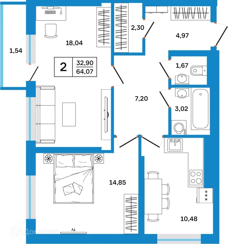 Планировка 2-комнатной квартиры 64.07 м² в ЖК Некрасовский, г. Уфа — фото 1