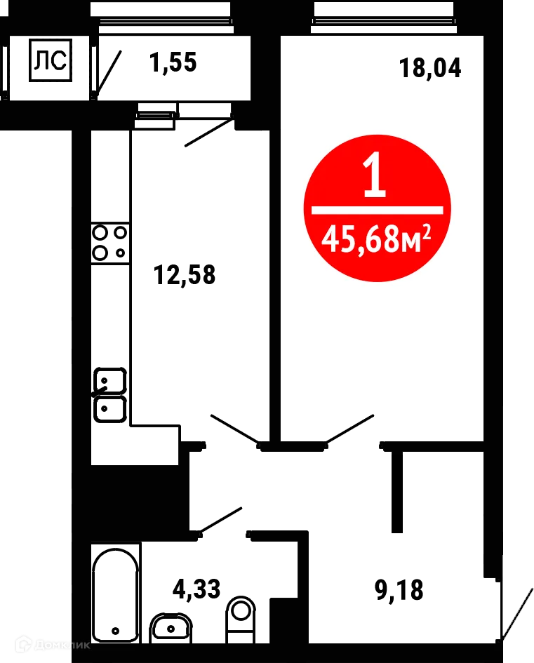 Планировка 1-комнатной квартиры 45.68 м² в ЖК 8 МАРТА, г. Уфа — фото 1