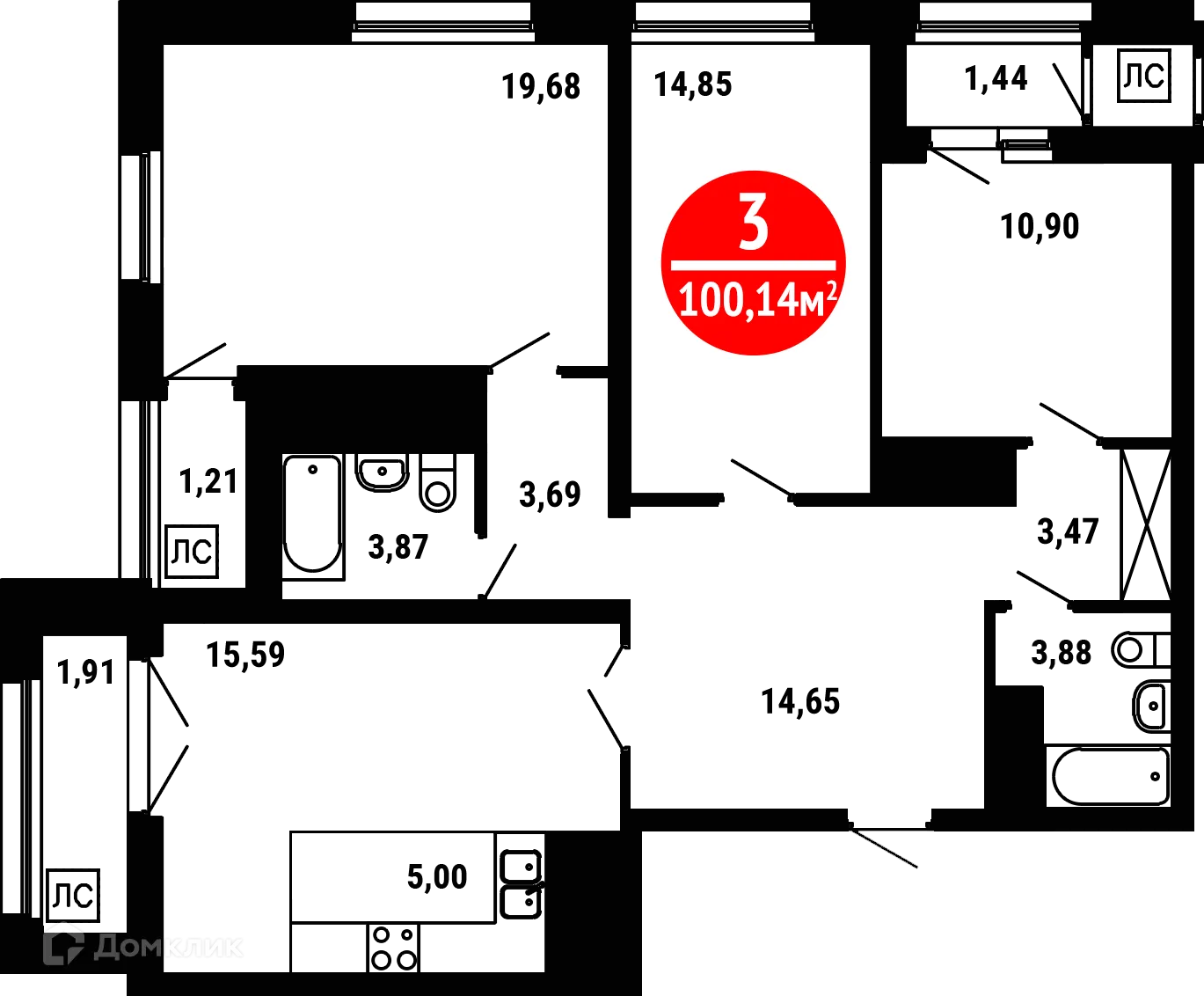 Планировка 3-комнатной квартиры 100.4 м² в ЖК 8 МАРТА, г. Уфа — фото 1