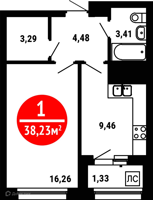 Планировка 1-комнатной квартиры 38.23 м² в ЖК 8 МАРТА, г. Уфа — фото 1