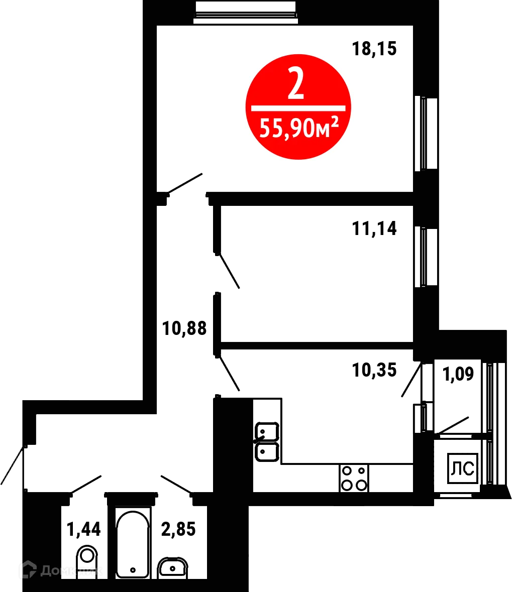 Планировка 2-комнатной квартиры 55.9 м² в ЖК 8 МАРТА, г. Уфа — фото 1