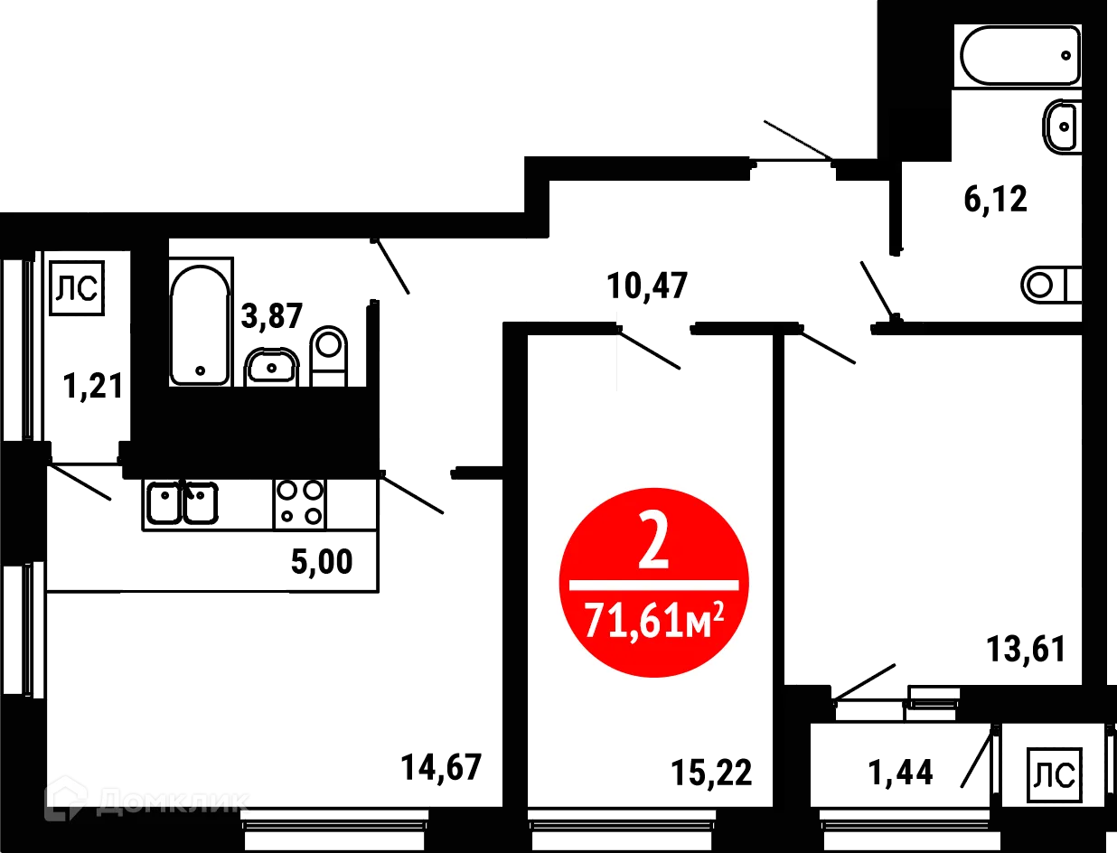 Планировка 2-комнатной квартиры 71.61 м² в ЖК 8 МАРТА, г. Уфа — фото 1