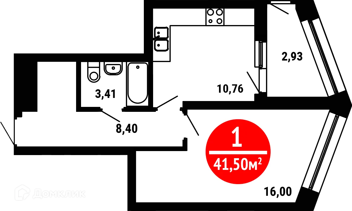 Планировка 1-комнатной квартиры 41.5 м² в ЖК 8 МАРТА, г. Уфа — фото 1