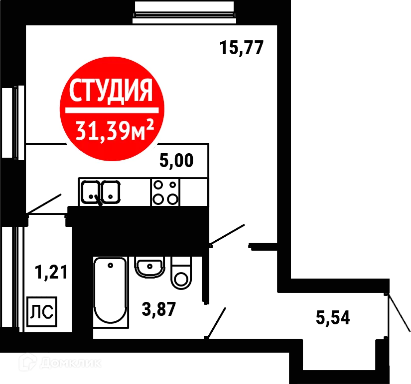 Планировка 1-комнатной квартиры 31.39 м² в ЖК 8 МАРТА, г. Уфа — фото 1