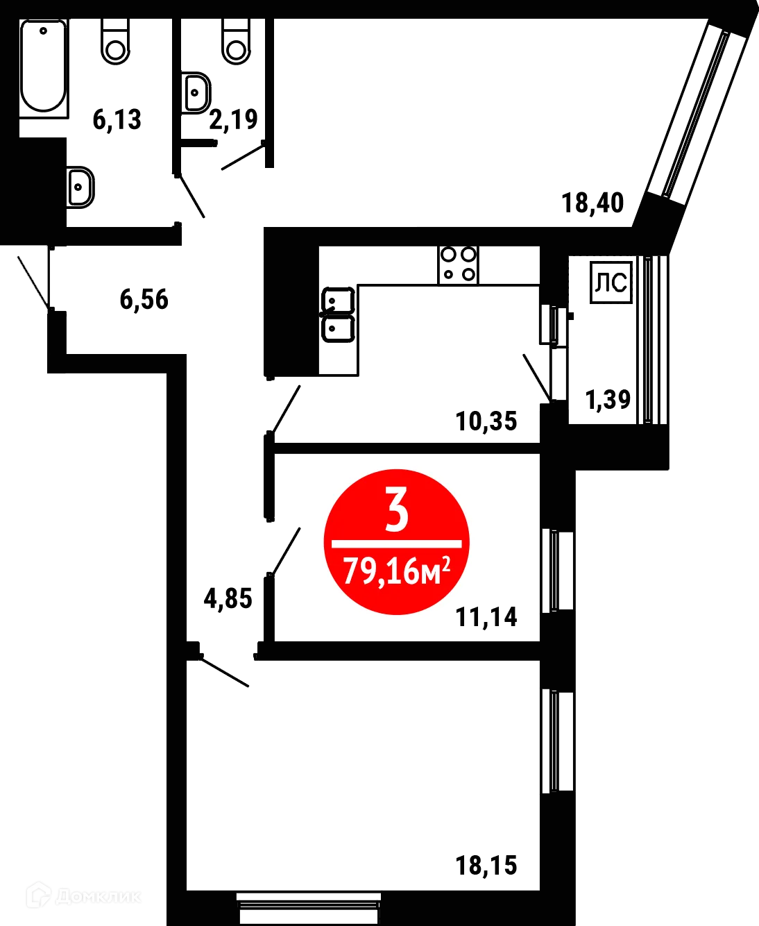 Планировка 3-комнатной квартиры 79.16 м² в ЖК 8 МАРТА, г. Уфа — фото 1