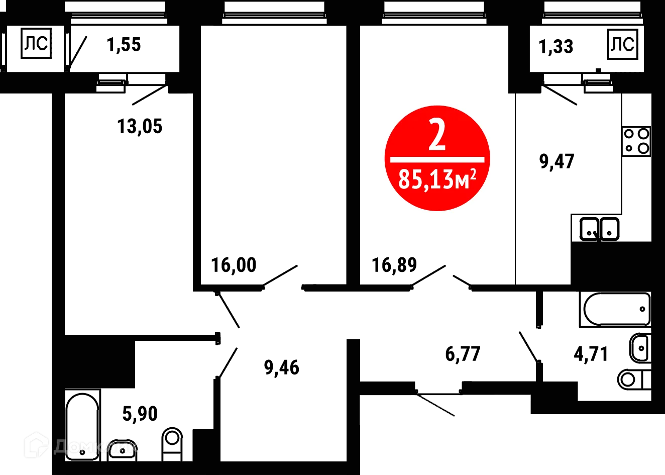 Планировка 2-комнатной квартиры 85.13 м² в ЖК 8 МАРТА, г. Уфа — фото 1