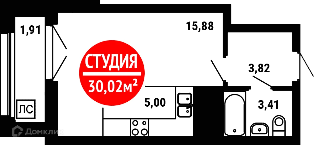 Планировка 1-комнатной квартиры 30.02 м² в ЖК 8 МАРТА, г. Уфа — фото 1