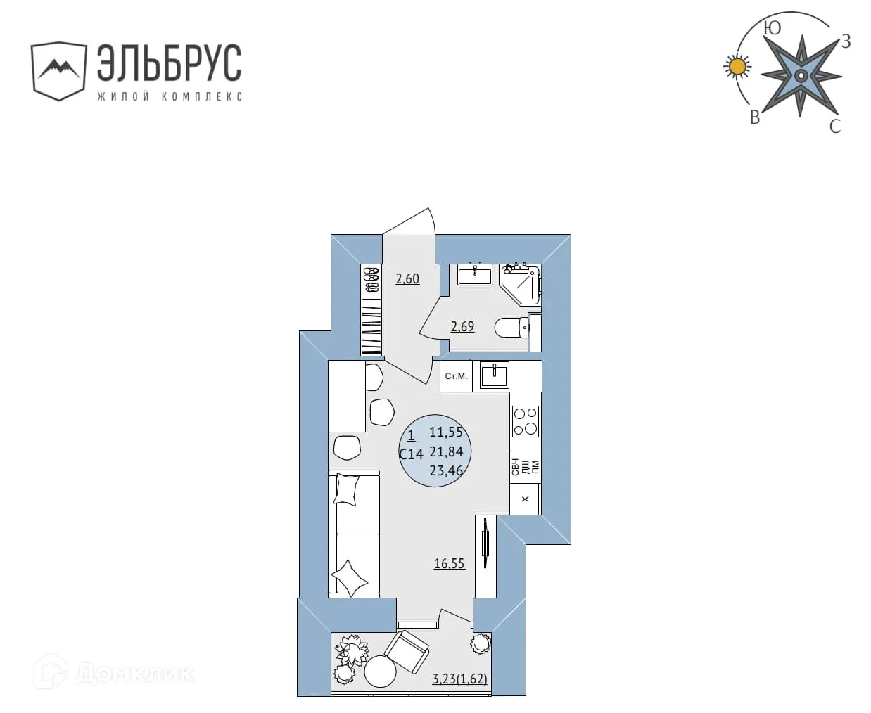 Планировка студии квартиры 23.46 м² в ЖК Эльбрус, г. Уфа — фото 1